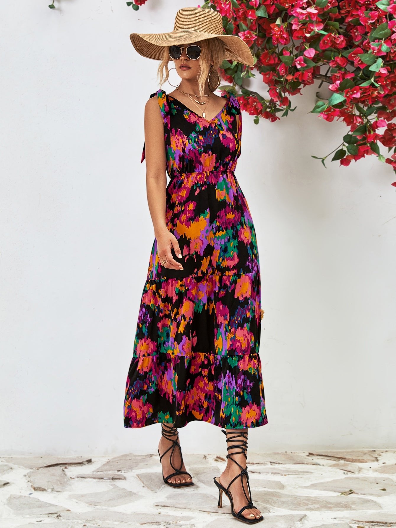 Multicolored V - Neck Backless Midi Dress - Mervyns