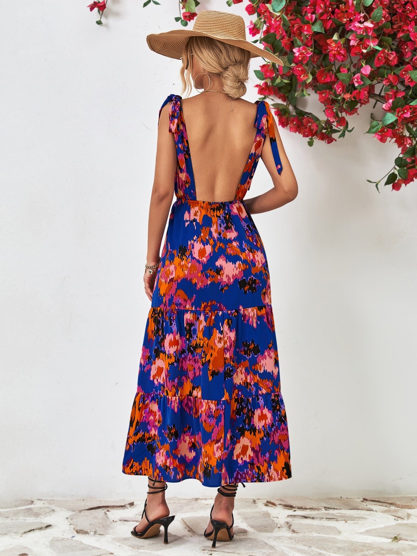 Multicolored V - Neck Backless Midi Dress - Mervyns