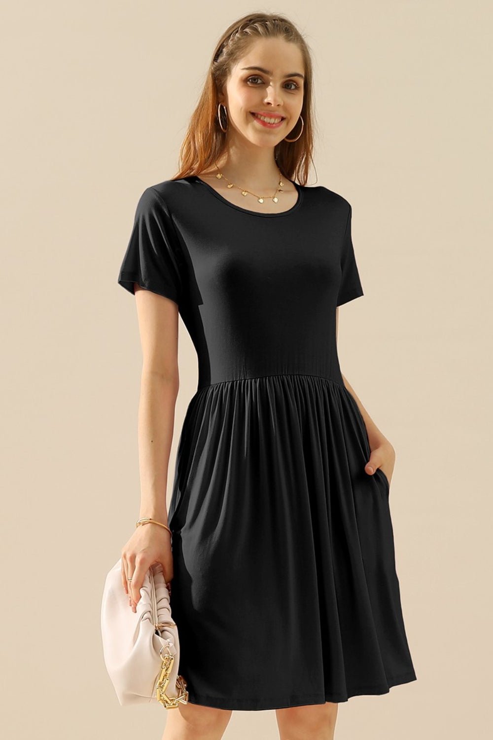 Ninexis Full Size Round Neck Ruched Dress with Pockets - Mervyns