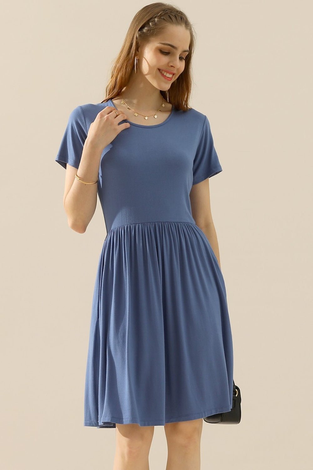 Ninexis Full Size Round Neck Ruched Dress with Pockets - Mervyns