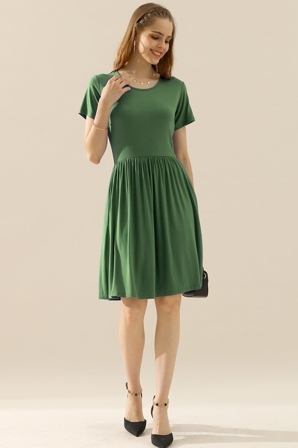 Ninexis Full Size Round Neck Ruched Dress with Pockets - Mervyns