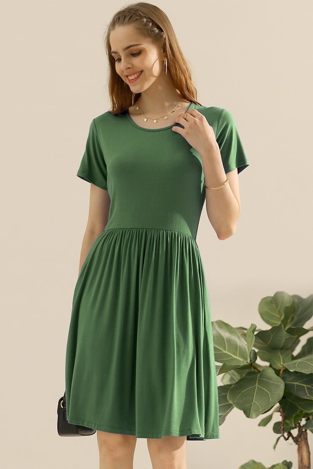 Ninexis Full Size Round Neck Ruched Dress with Pockets - Mervyns