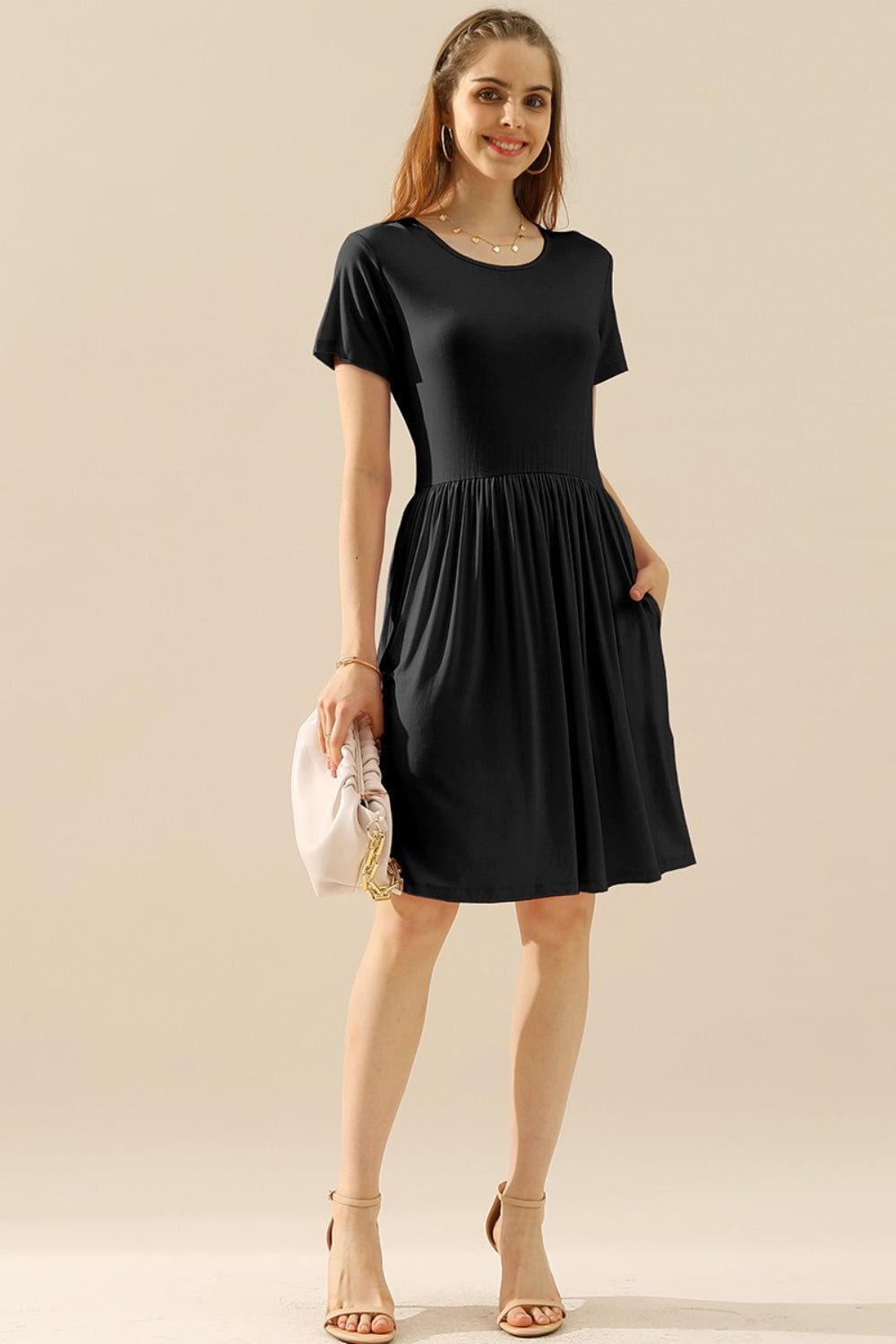 Ninexis Full Size Round Neck Ruched Dress with Pockets - Mervyns