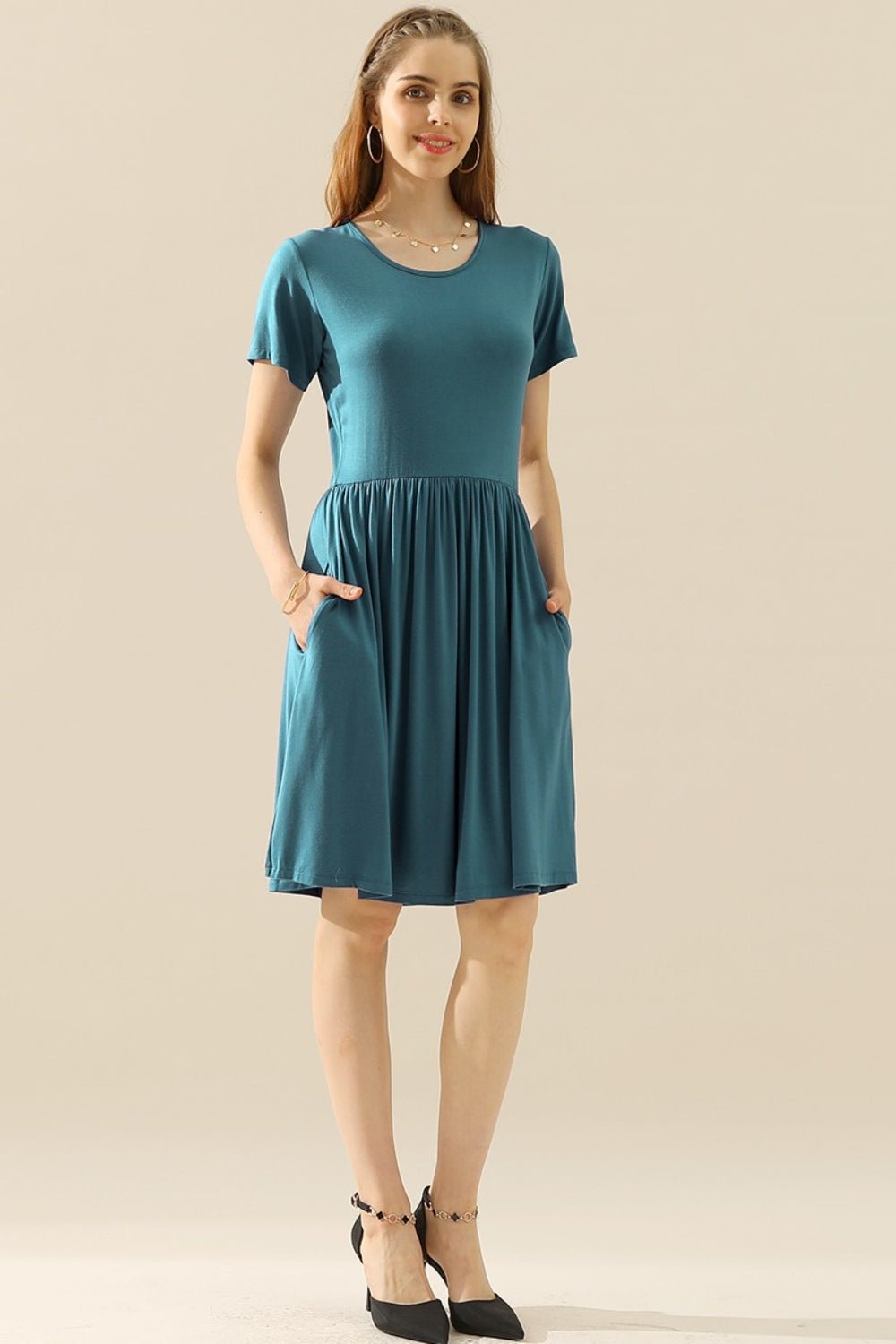 Ninexis Full Size Round Neck Ruched Dress with Pockets - Mervyns