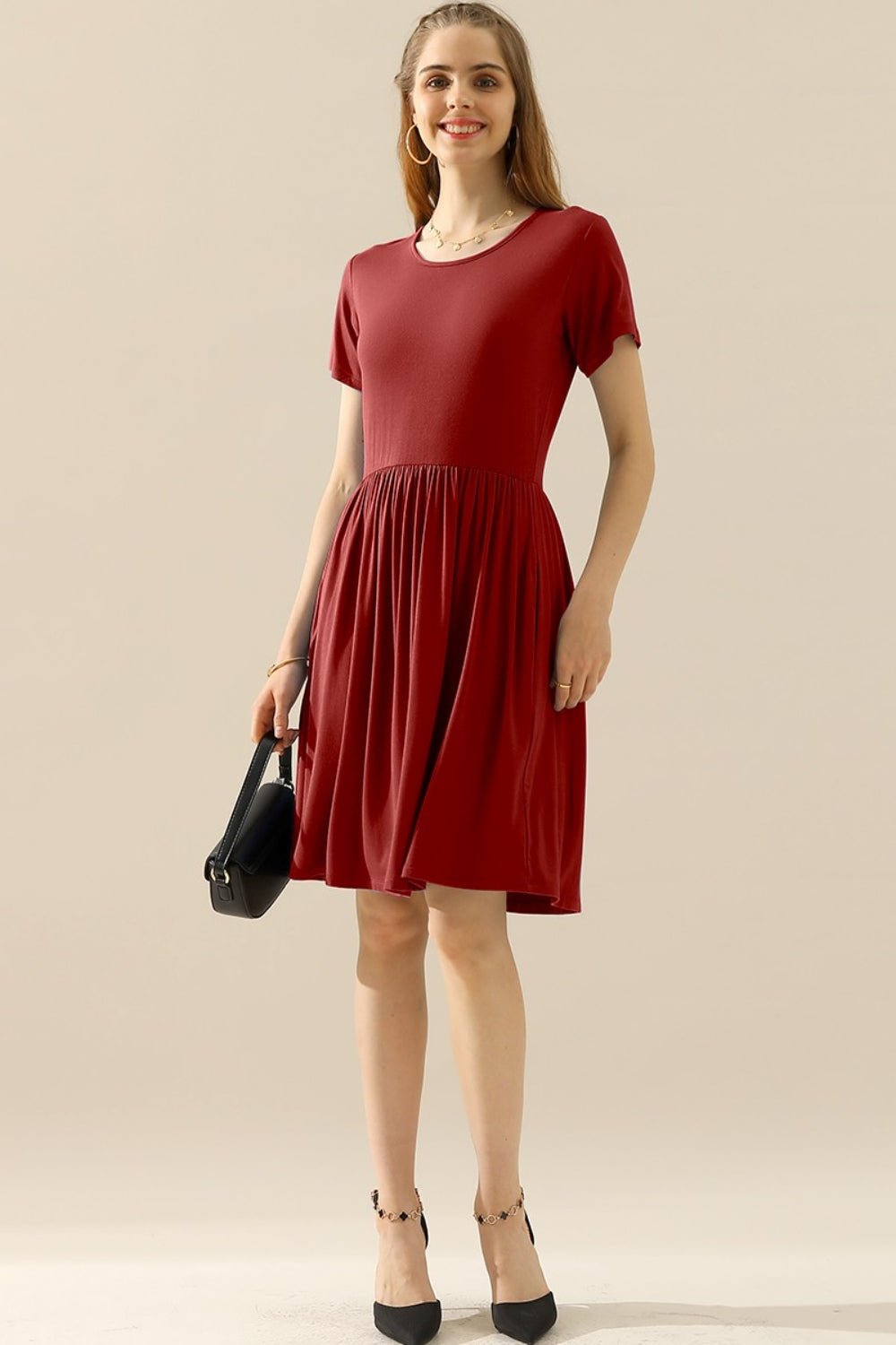 Ninexis Full Size Round Neck Ruched Dress with Pockets - Mervyns