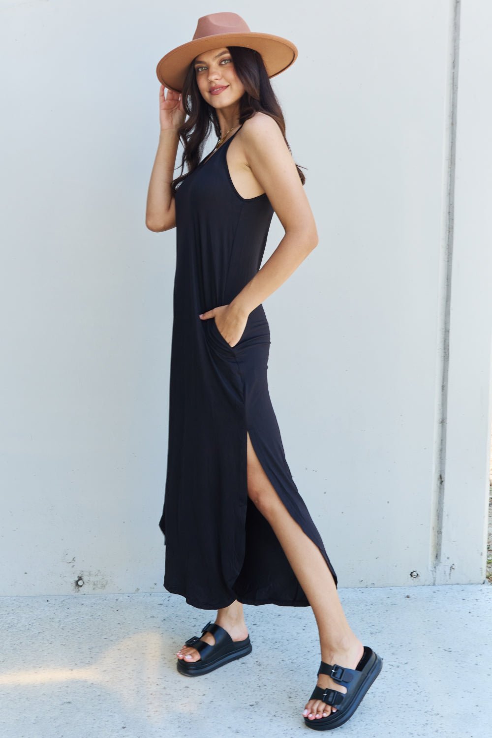 Ninexis Good Energy Full Size Cami Side Slit Maxi Dress in Black - Mervyns