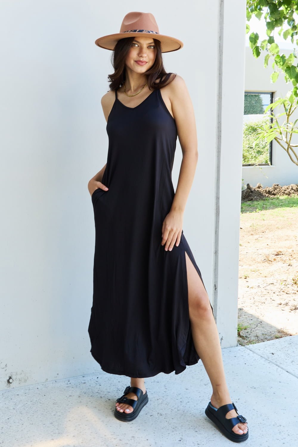 Ninexis Good Energy Full Size Cami Side Slit Maxi Dress in Black - Mervyns