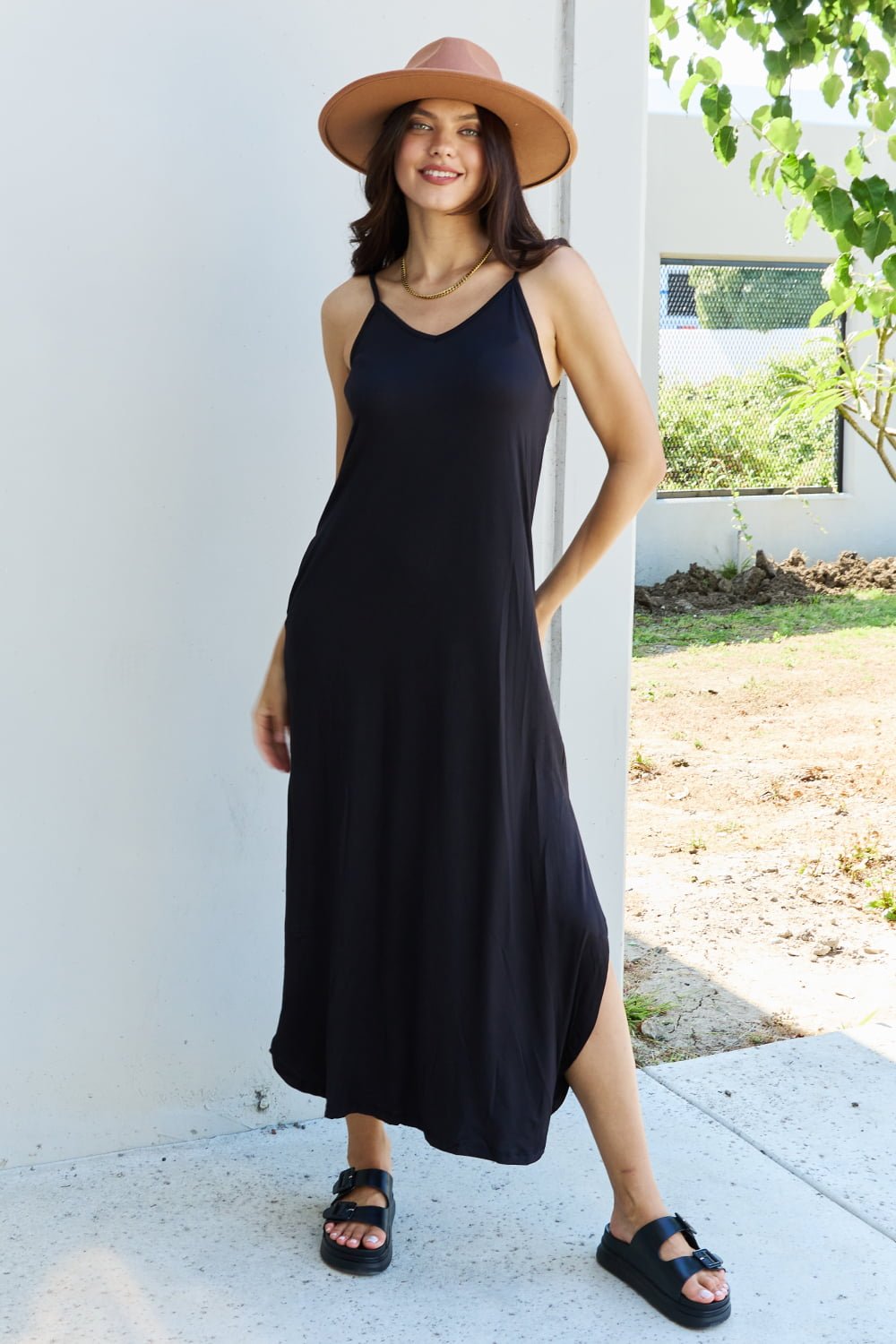 Ninexis Good Energy Full Size Cami Side Slit Maxi Dress in Black - Mervyns