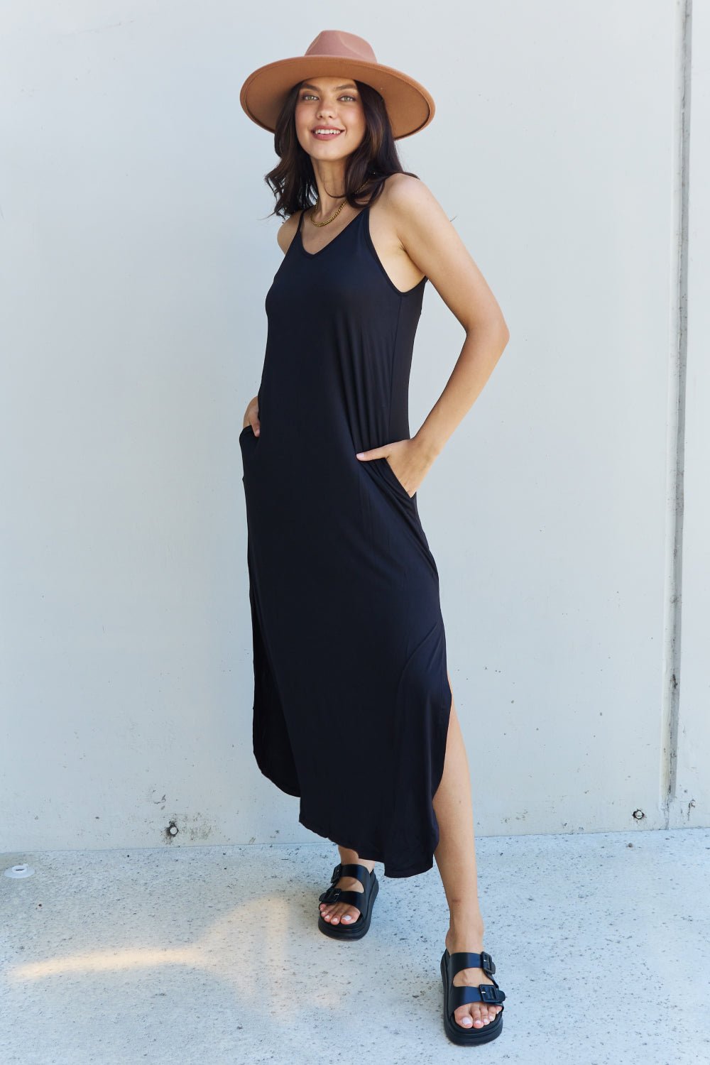 Ninexis Good Energy Full Size Cami Side Slit Maxi Dress in Black - Mervyns