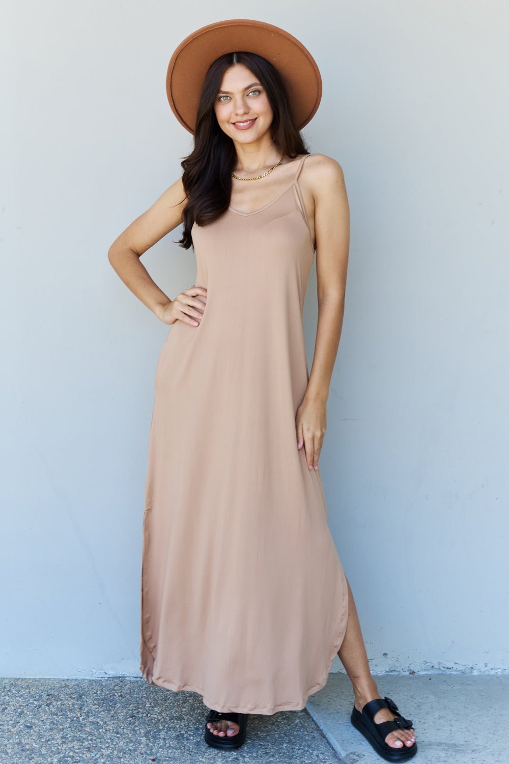 Ninexis Good Energy Full Size Cami Side Slit Maxi Dress in Camel - Mervyns