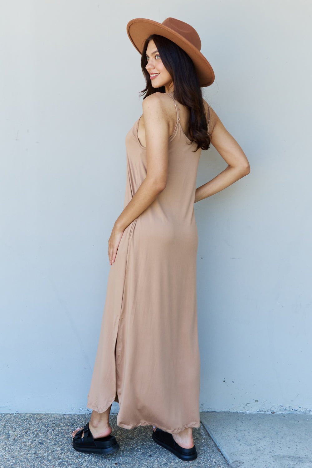 Ninexis Good Energy Full Size Cami Side Slit Maxi Dress in Camel - Mervyns