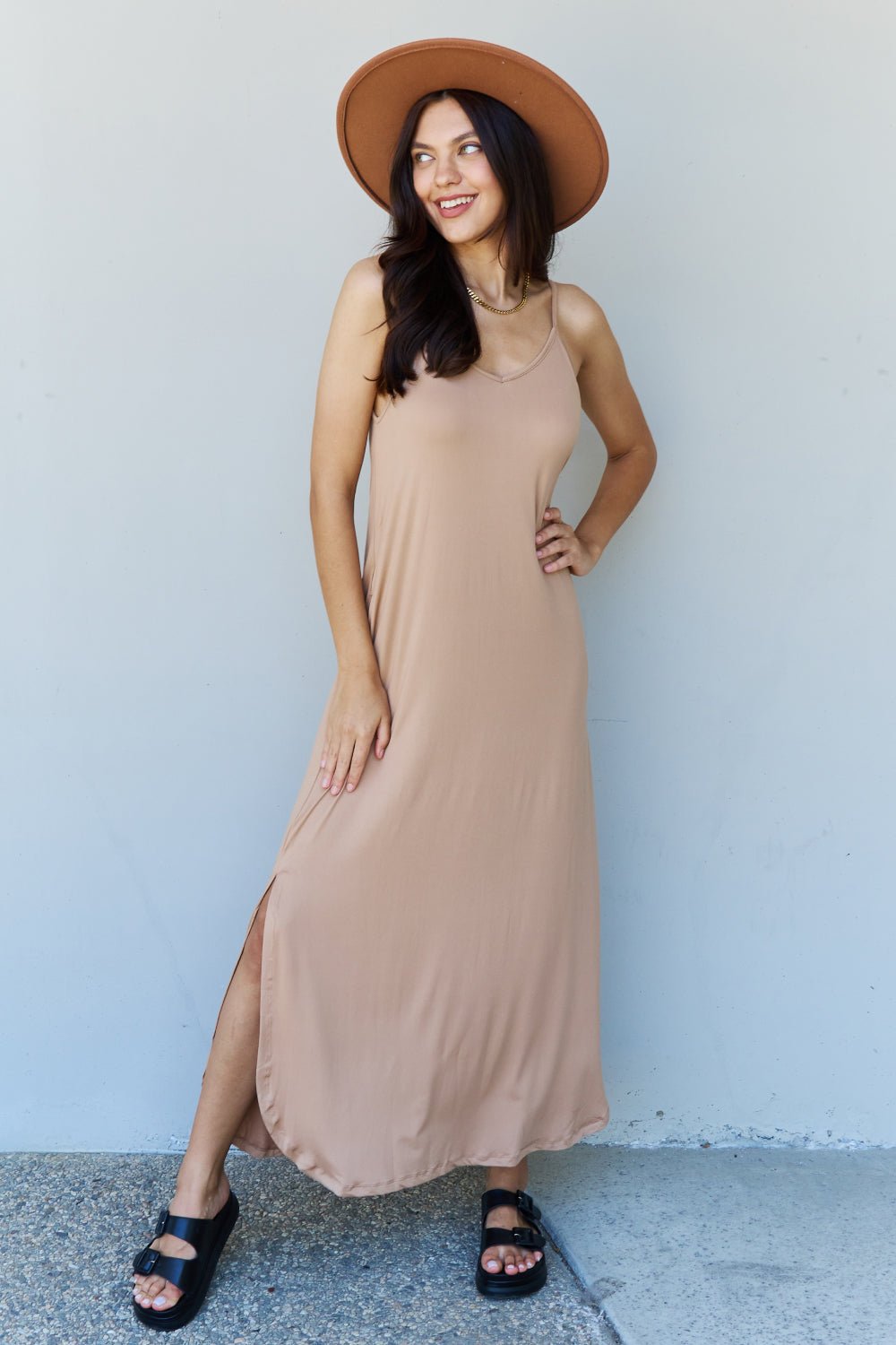 Ninexis Good Energy Full Size Cami Side Slit Maxi Dress in Camel - Mervyns