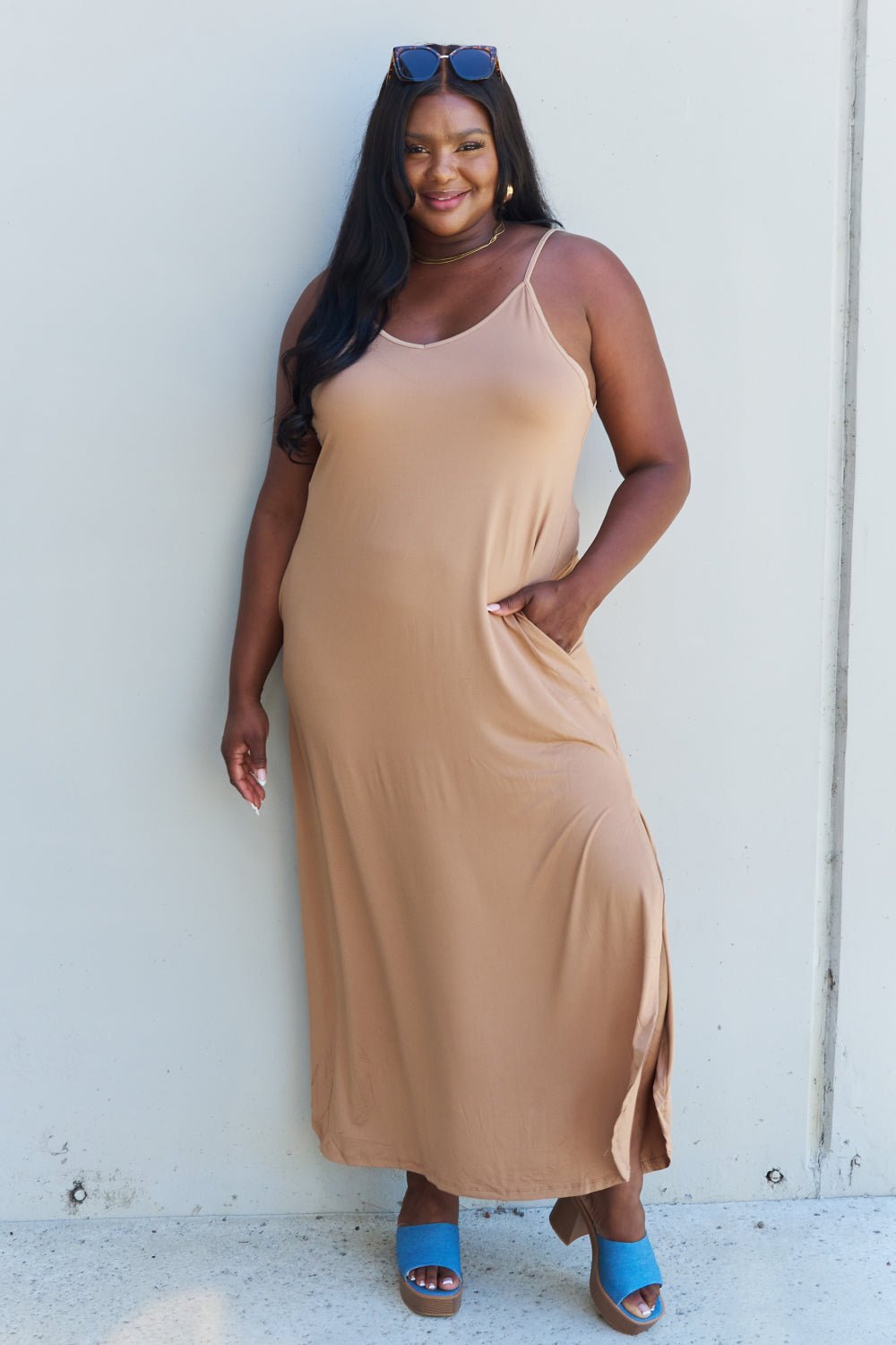 Ninexis Good Energy Full Size Cami Side Slit Maxi Dress in Camel - Mervyns