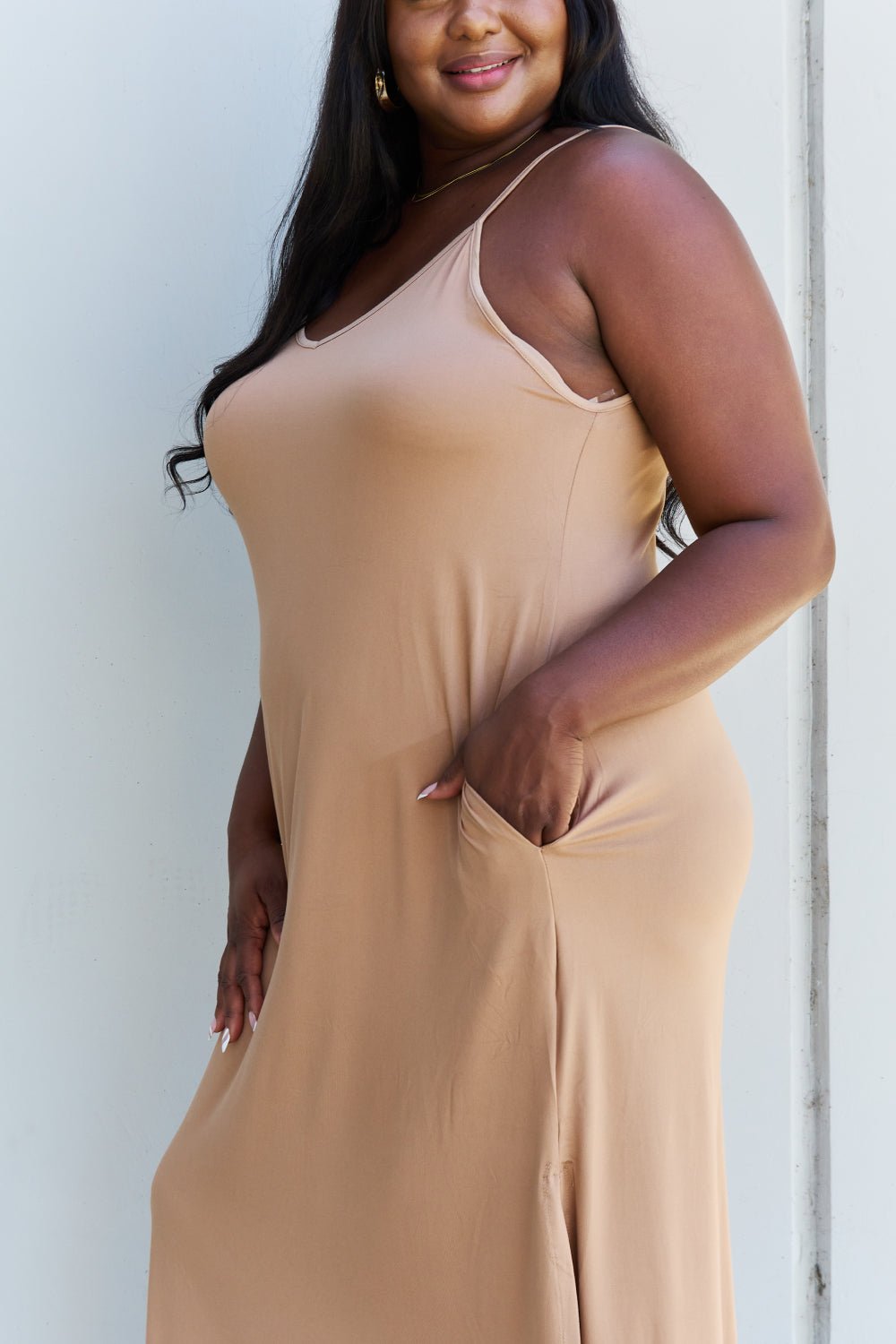 Ninexis Good Energy Full Size Cami Side Slit Maxi Dress in Camel - Mervyns