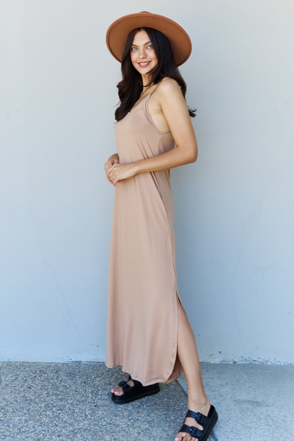 Ninexis Good Energy Full Size Cami Side Slit Maxi Dress in Camel - Mervyns