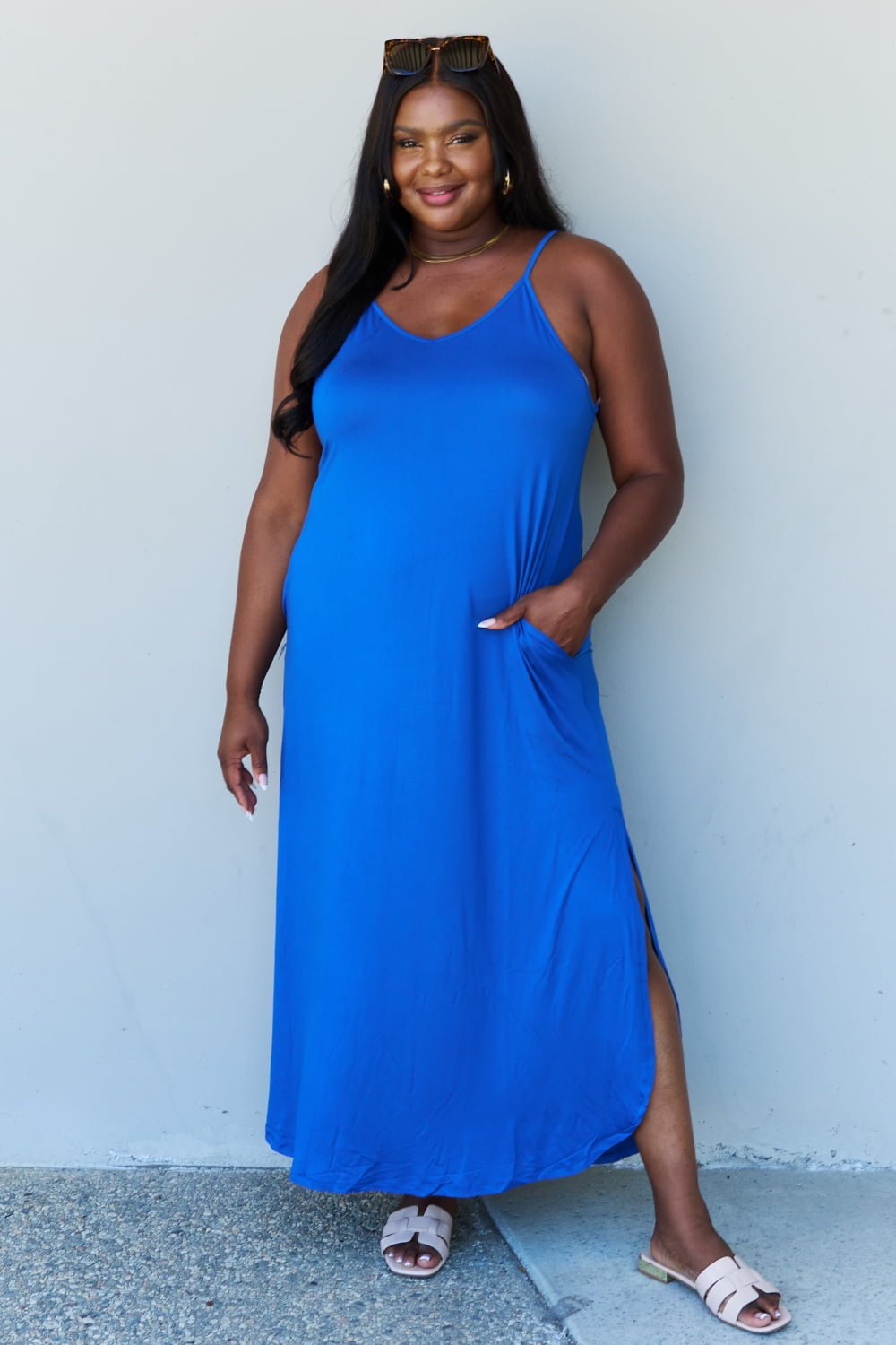 Ninexis Good Energy Full Size Cami Side Slit Maxi Dress in Royal Blue - Mervyns