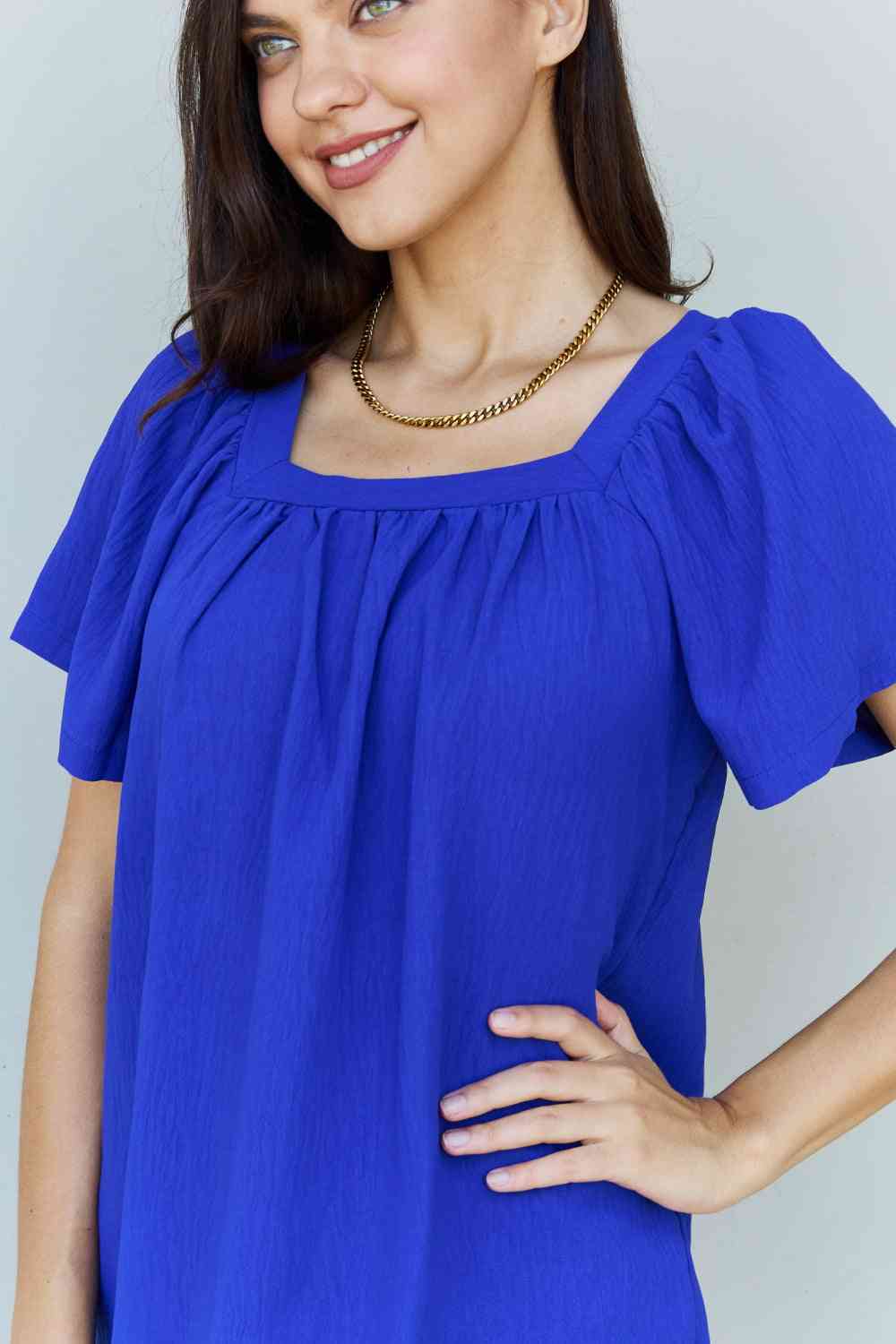 Ninexis Keep Me Close Square Neck Short Sleeve Blouse in Royal - Mervyns