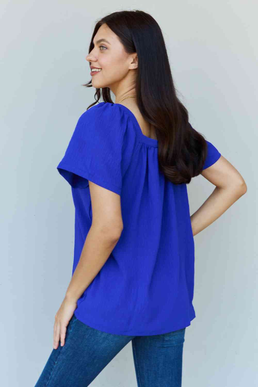 Ninexis Keep Me Close Square Neck Short Sleeve Blouse in Royal - Mervyns