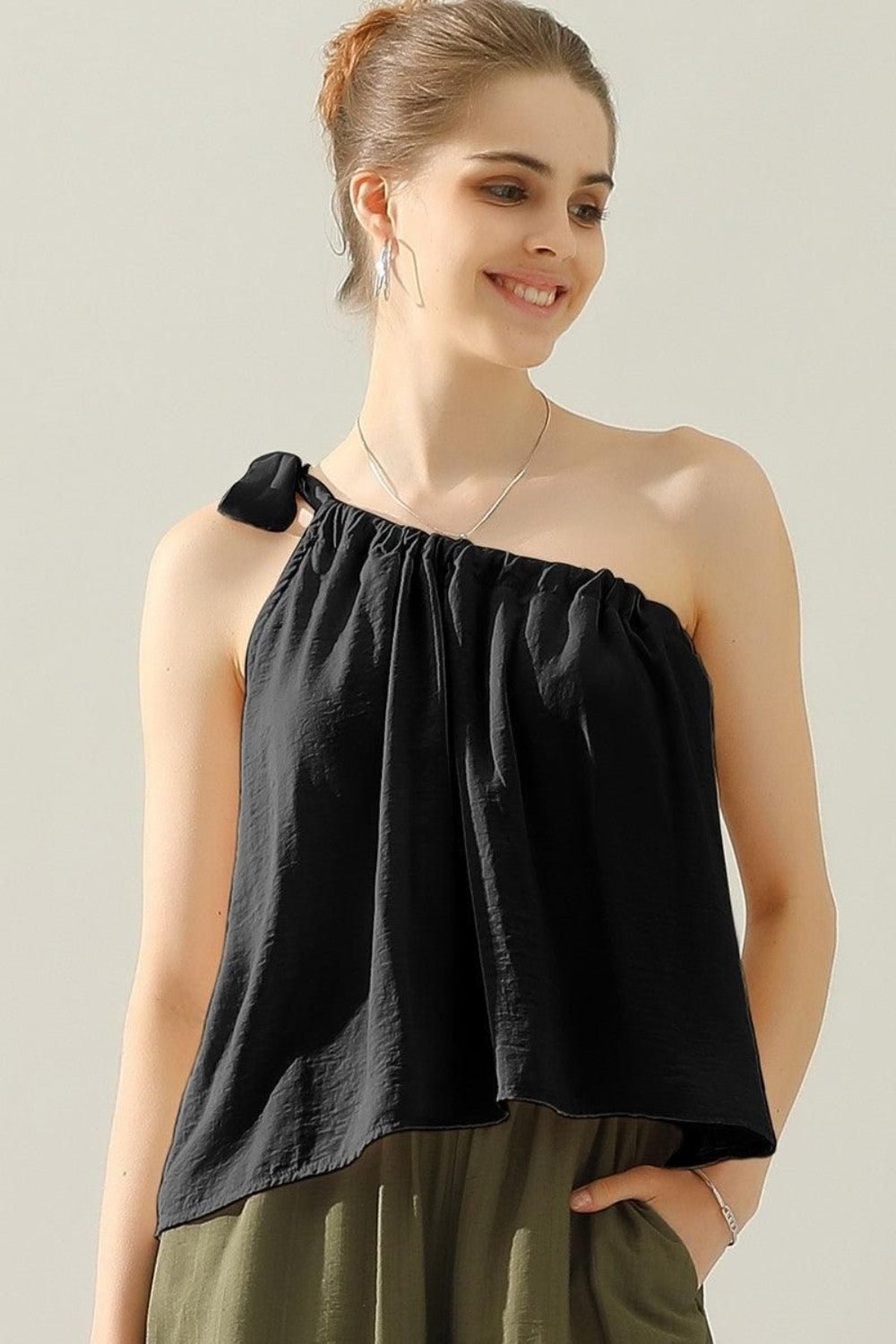 Ninexis One Shoulder Bow Tie Strap Satin Silk Top - Mervyns