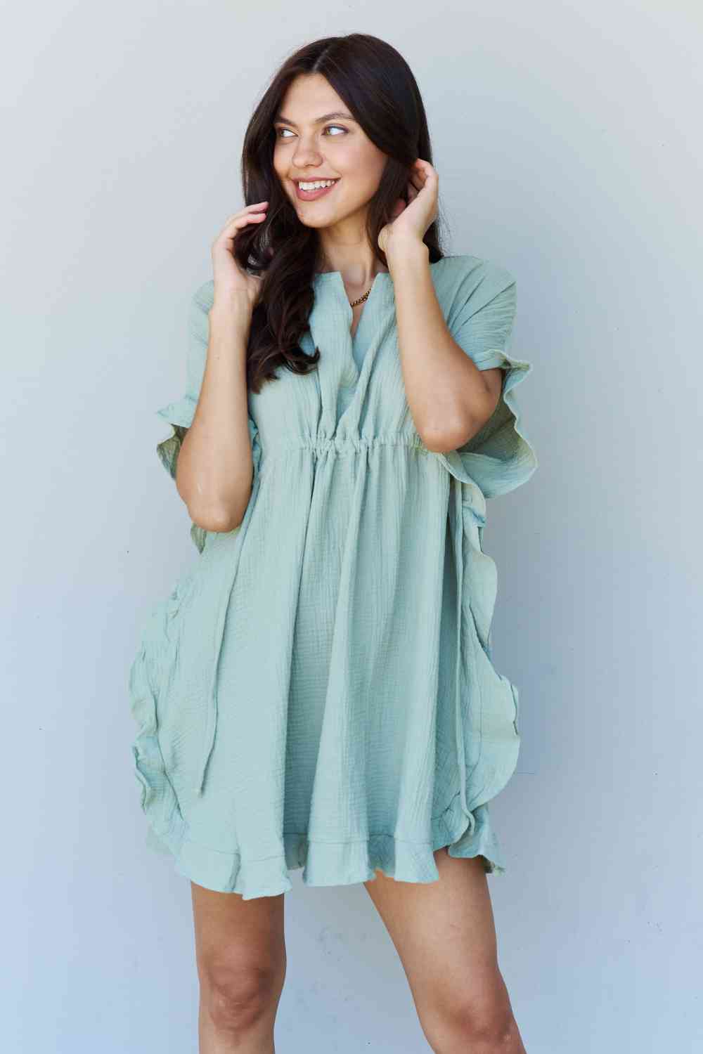 Ninexis Out Of Time Full Size Ruffle Hem Dress with Drawstring Waistband in Light Sage - Mervyns