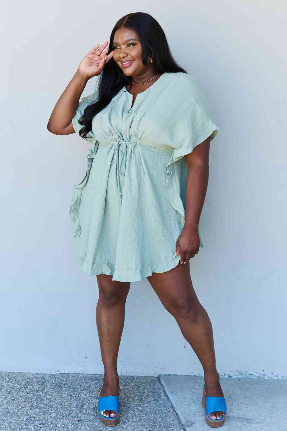 Ninexis Out Of Time Full Size Ruffle Hem Dress with Drawstring Waistband in Light Sage - Mervyns