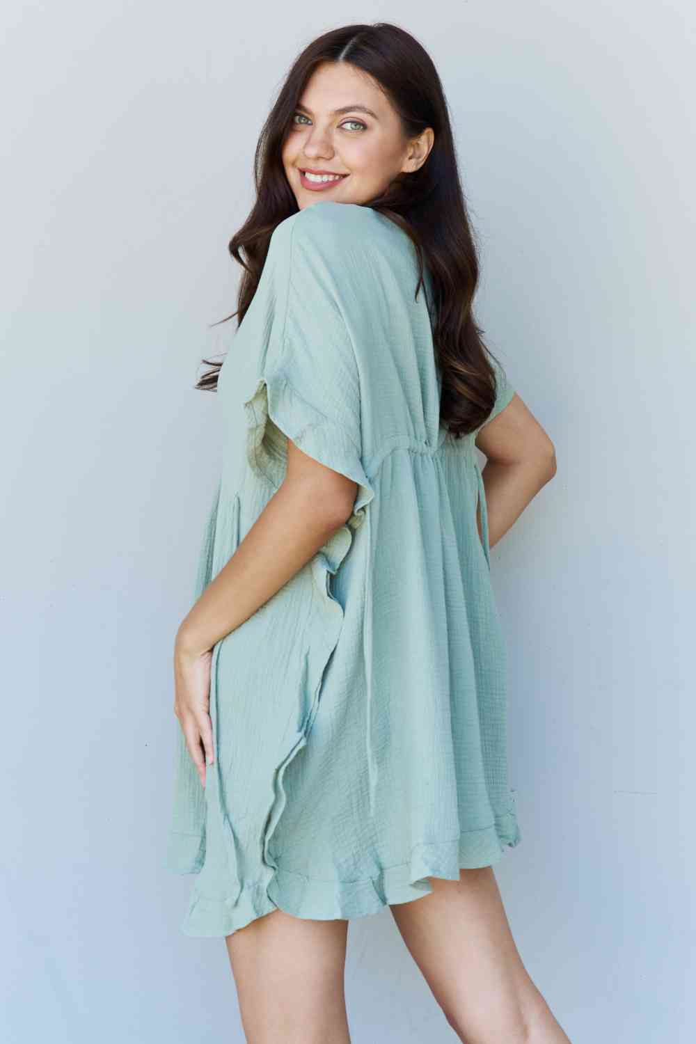 Ninexis Out Of Time Full Size Ruffle Hem Dress with Drawstring Waistband in Light Sage - Mervyns