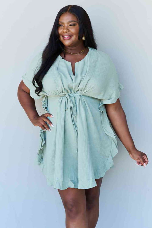 Ninexis Out Of Time Full Size Ruffle Hem Dress with Drawstring Waistband in Light Sage - Mervyns