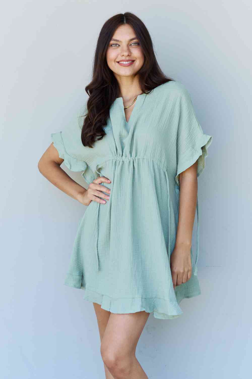 Ninexis Out Of Time Full Size Ruffle Hem Dress with Drawstring Waistband in Light Sage - Mervyns