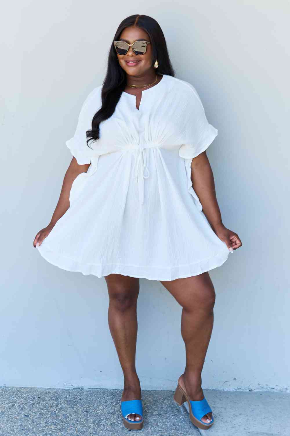 Ninexis Out Of Time Full Size Ruffle Hem Dress with Drawstring Waistband in White - Mervyns