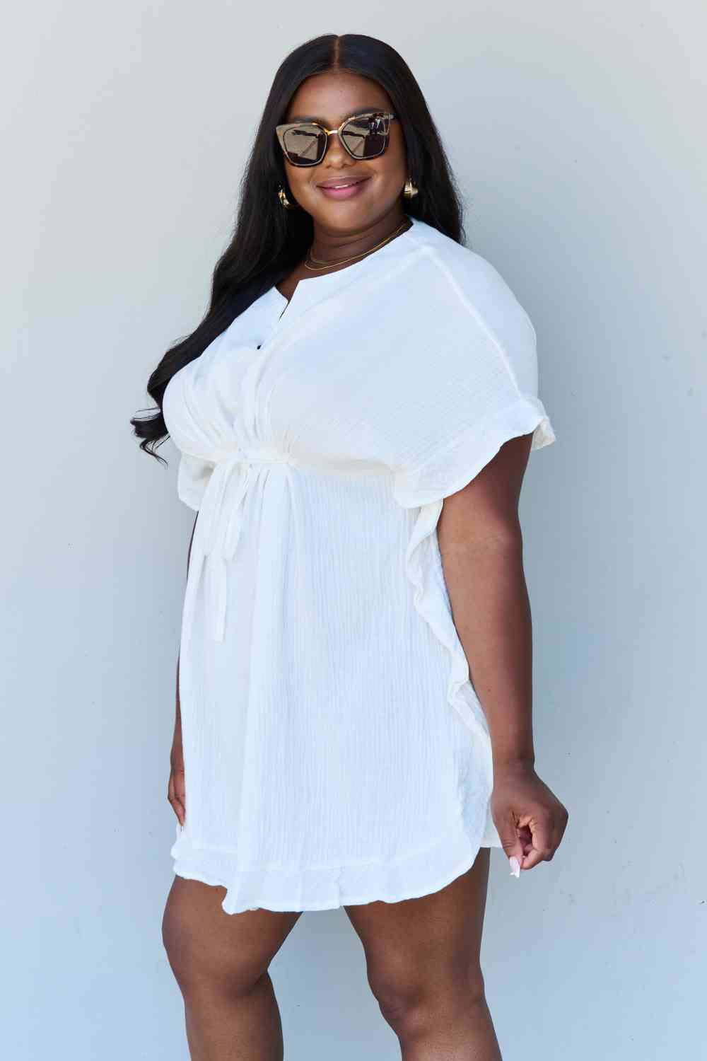 Ninexis Out Of Time Full Size Ruffle Hem Dress with Drawstring Waistband in White - Mervyns