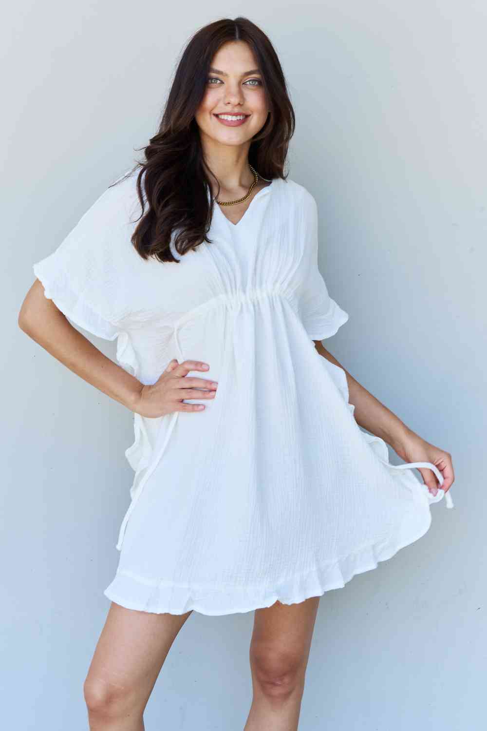 Ninexis Out Of Time Full Size Ruffle Hem Dress with Drawstring Waistband in White - Mervyns