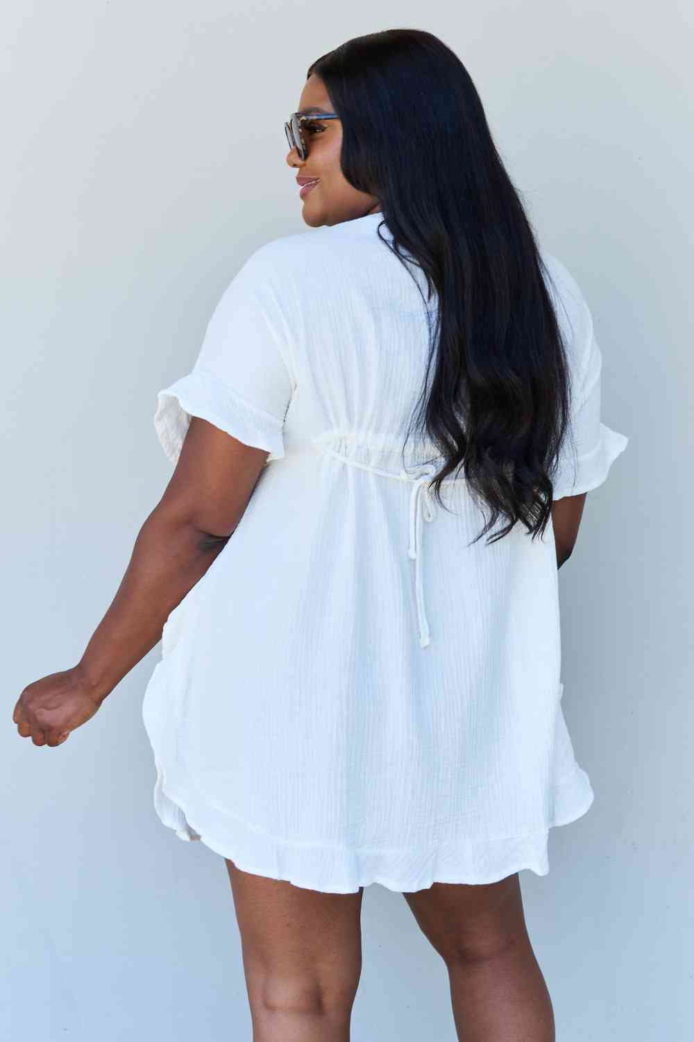 Ninexis Out Of Time Full Size Ruffle Hem Dress with Drawstring Waistband in White - Mervyns