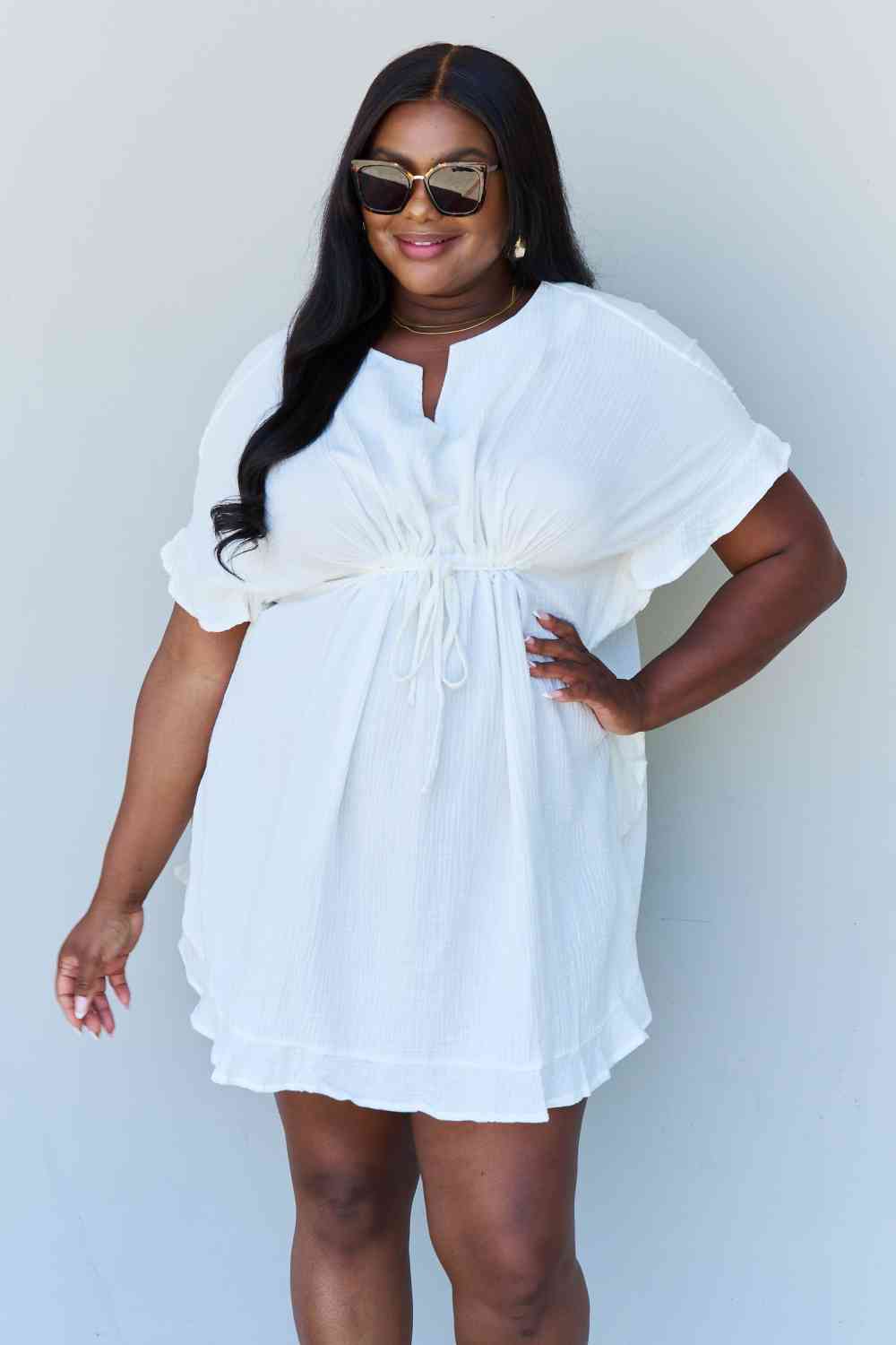 Ninexis Out Of Time Full Size Ruffle Hem Dress with Drawstring Waistband in White - Mervyns