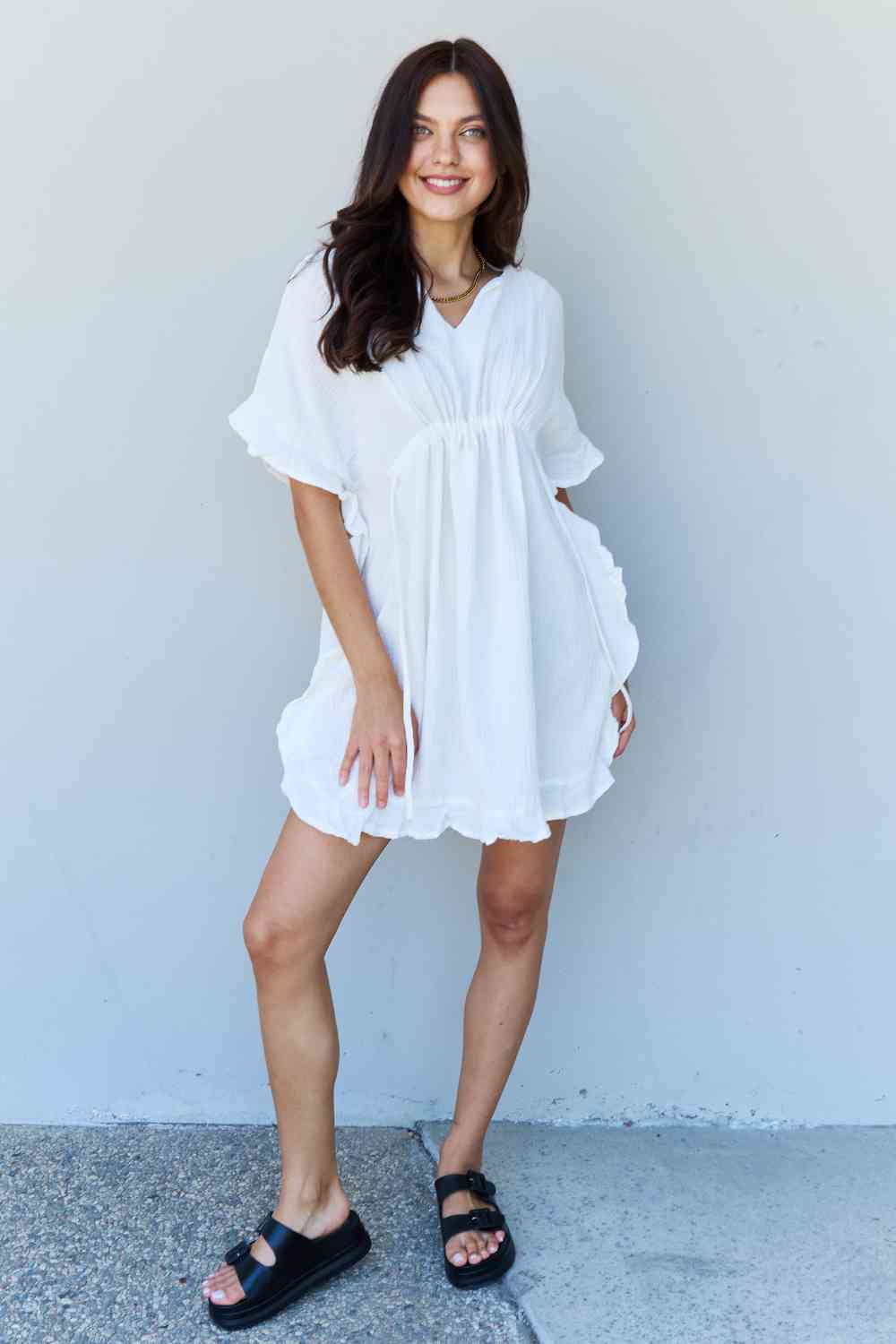 Ninexis Out Of Time Full Size Ruffle Hem Dress with Drawstring Waistband in White - Mervyns