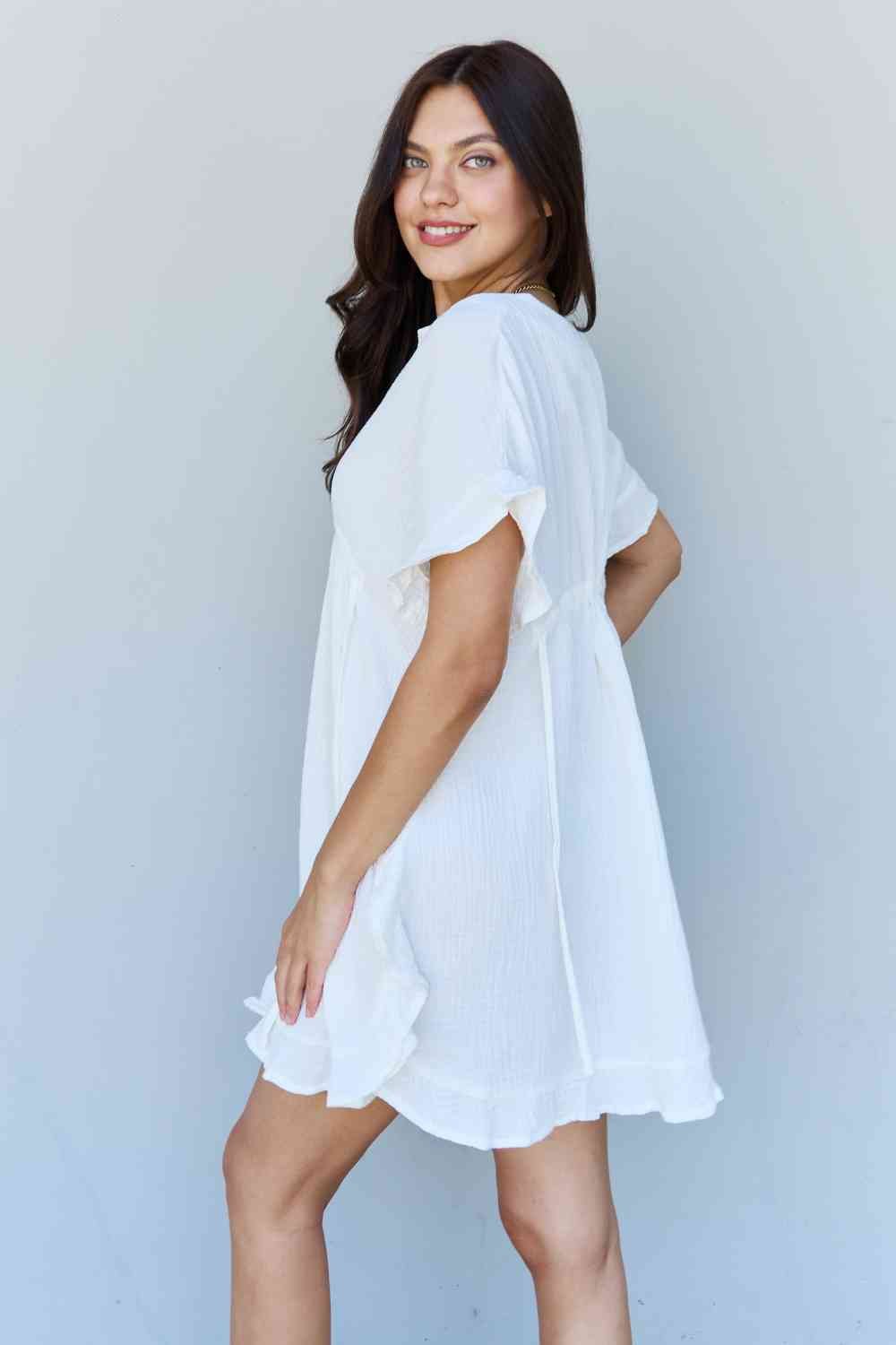 Ninexis Out Of Time Full Size Ruffle Hem Dress with Drawstring Waistband in White - Mervyns