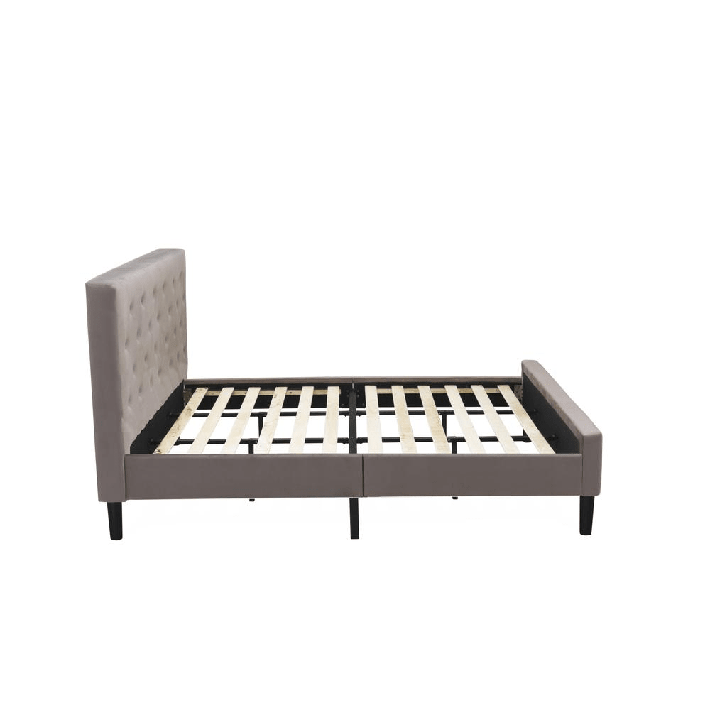 NL14K-2VL07 3 Pc Bed Set - 1 Bed Brown Taupe Velvet Fabric Headboard and 2 Night Stands - Distressed Jacobean Finish Nightstand - Mervyns