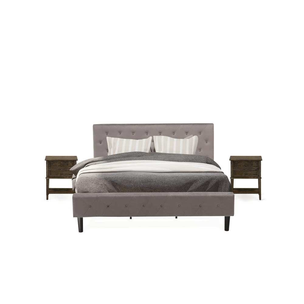 NL14K-2VL07 3 Pc Bed Set - 1 Bed Brown Taupe Velvet Fabric Headboard and 2 Night Stands - Distressed Jacobean Finish Nightstand - Mervyns