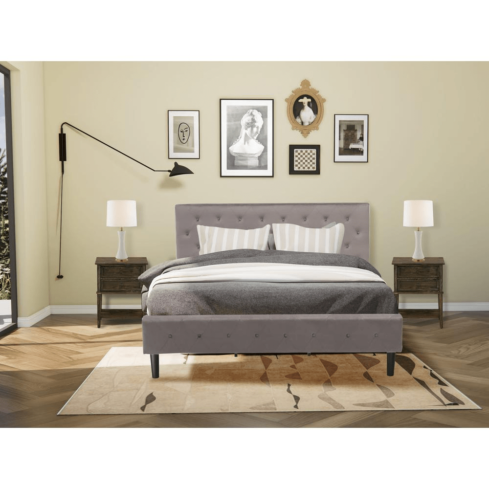 NL14K-2VL07 3 Pc Bed Set - 1 Bed Brown Taupe Velvet Fabric Headboard and 2 Night Stands - Distressed Jacobean Finish Nightstand - Mervyns