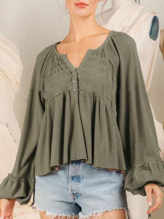 Notched Balloon Sleeve Peplum Blouse - Mervyns