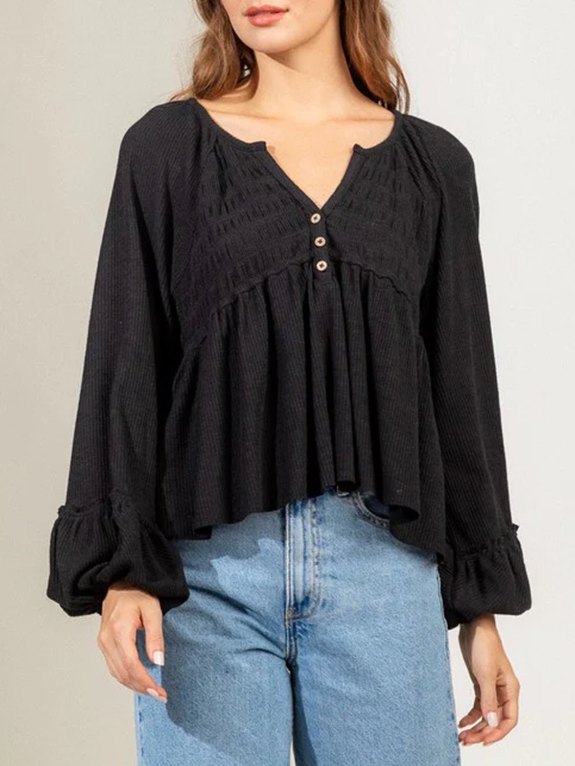 Notched Balloon Sleeve Peplum Blouse - Mervyns