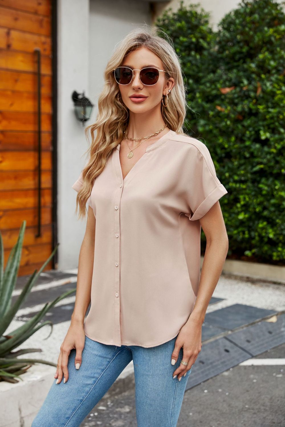 Notched Neck Cuffed Sleeve Shirt - Mervyns