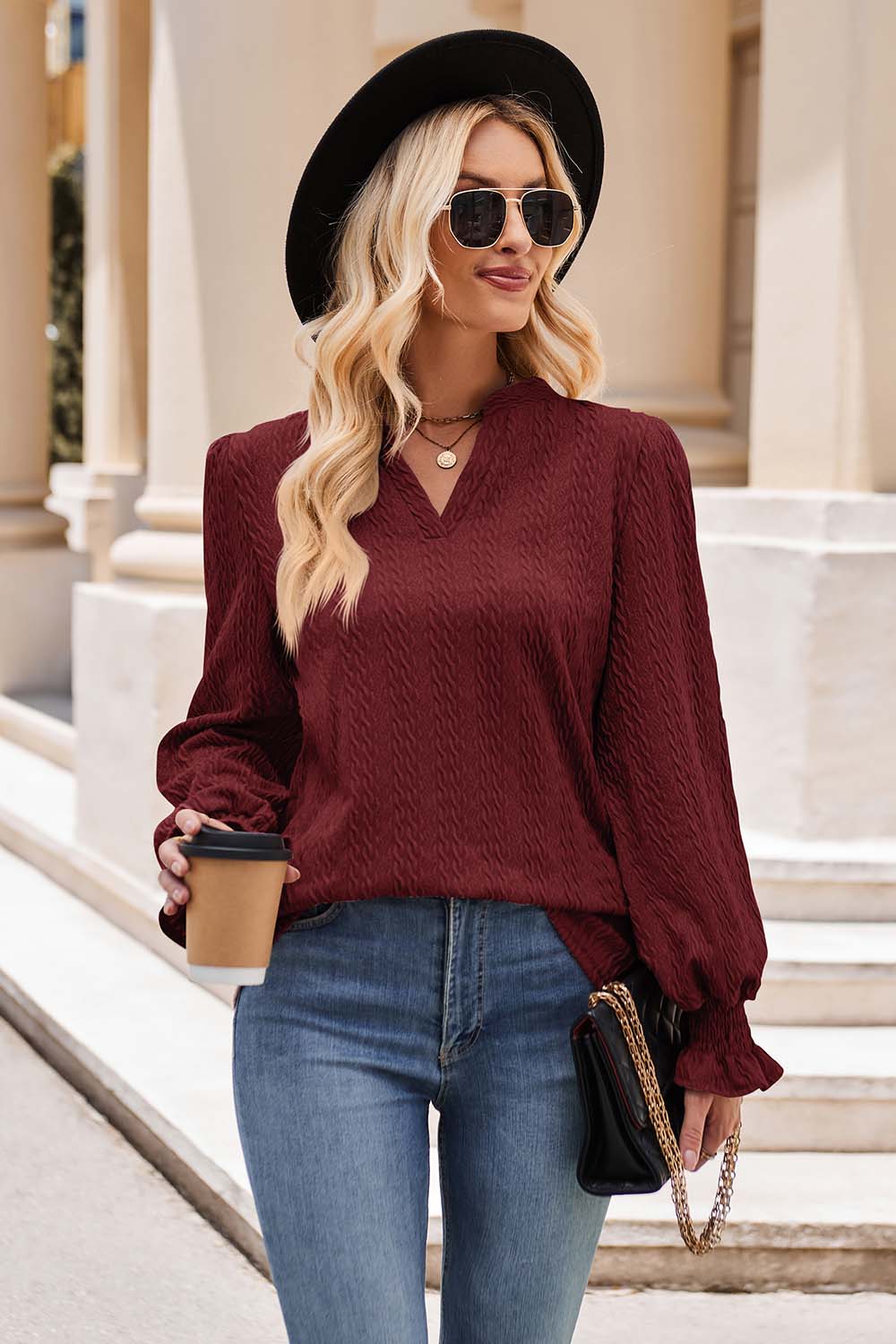 Notched Neck Flounce Sleeve Blouse - Mervyns