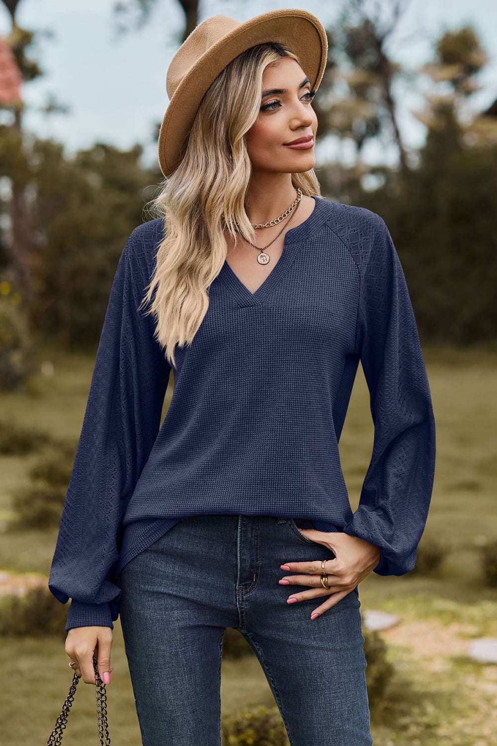 Notched Neck Raglan Sleeve Blouse - Mervyns