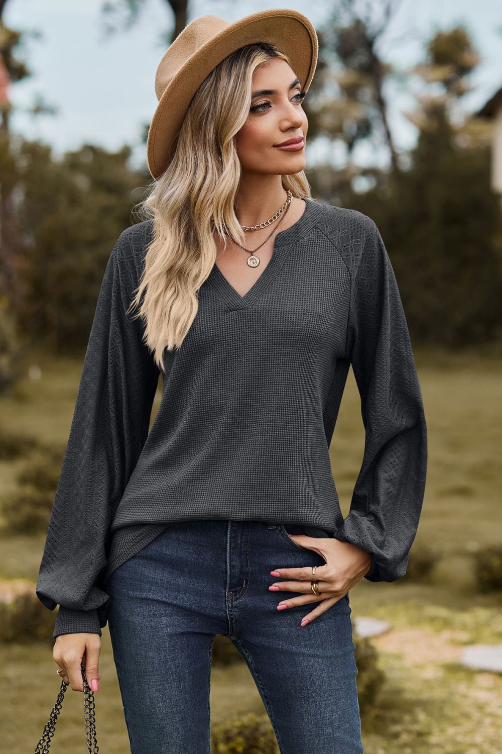 Notched Neck Raglan Sleeve Blouse - Mervyns