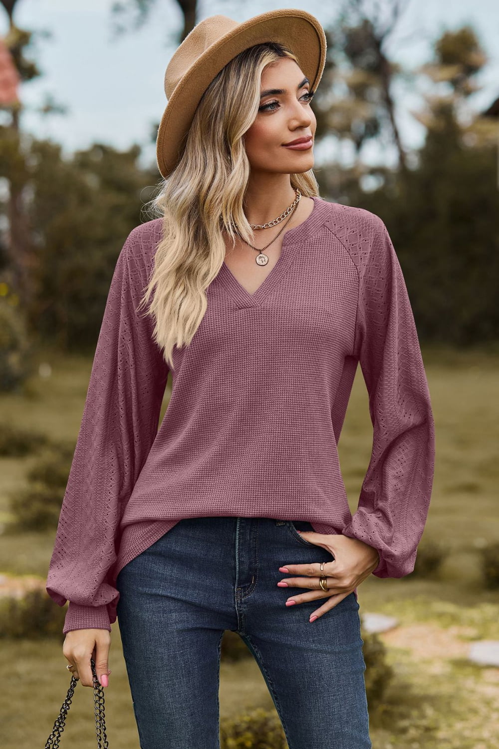 Notched Neck Raglan Sleeve Blouse - Mervyns