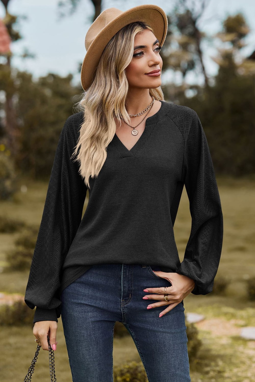 Notched Neck Raglan Sleeve Blouse - Mervyns