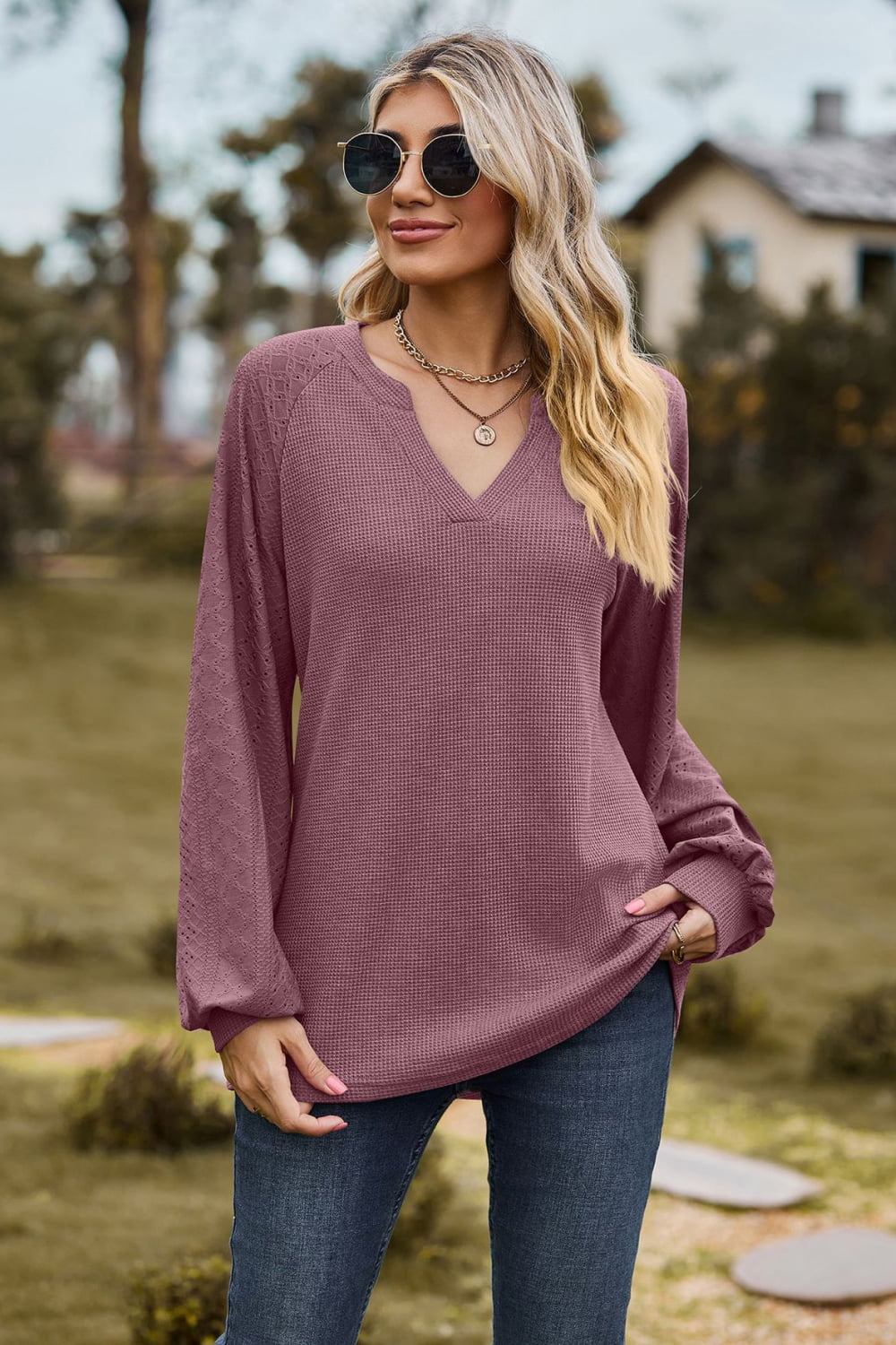 Notched Neck Raglan Sleeve Blouse - Mervyns