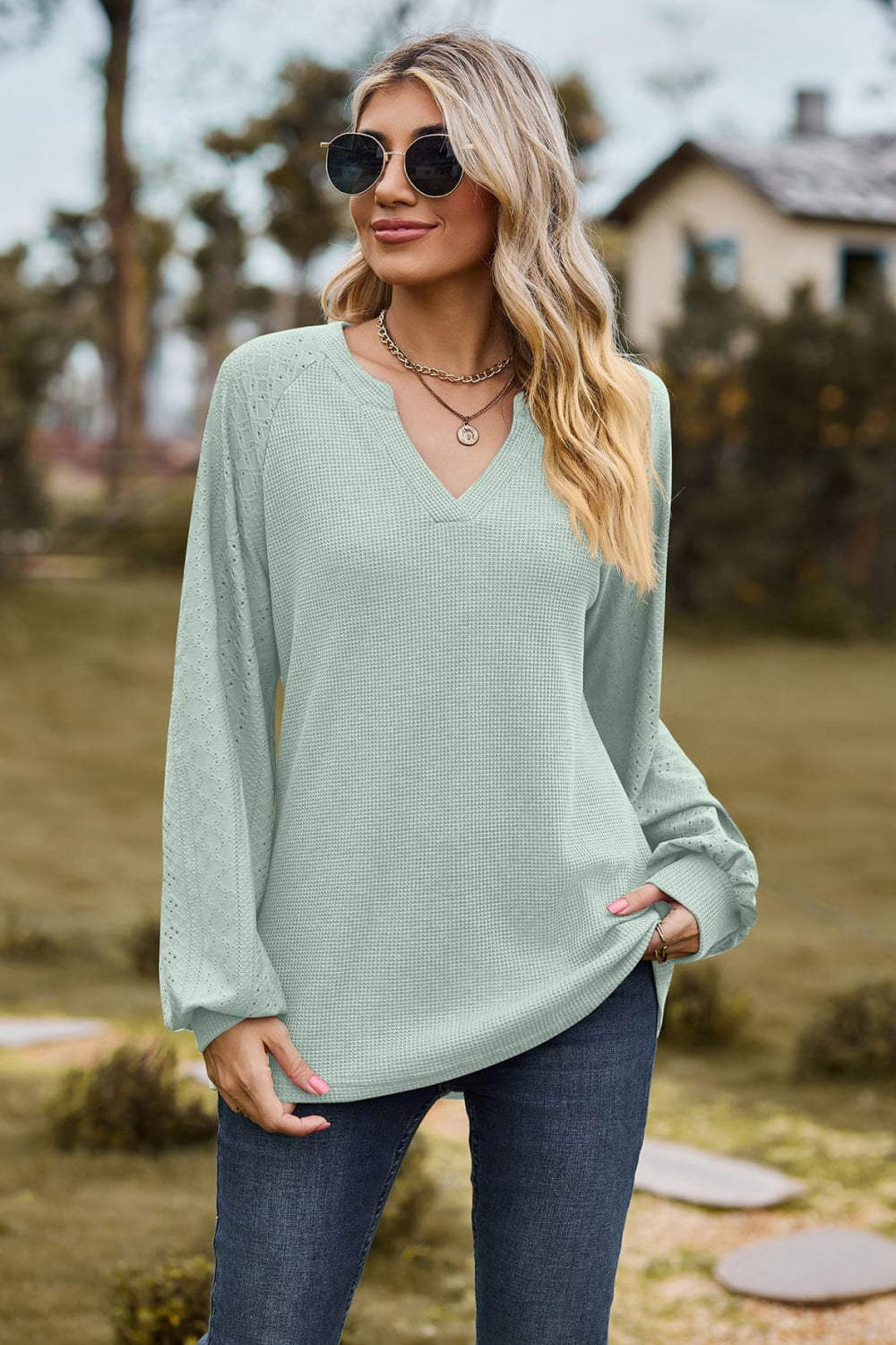 Notched Neck Raglan Sleeve Blouse - Mervyns