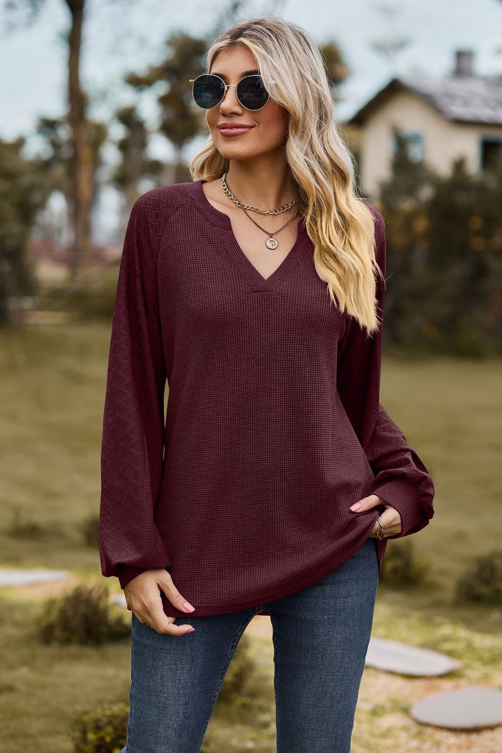 Notched Neck Raglan Sleeve Blouse - Mervyns