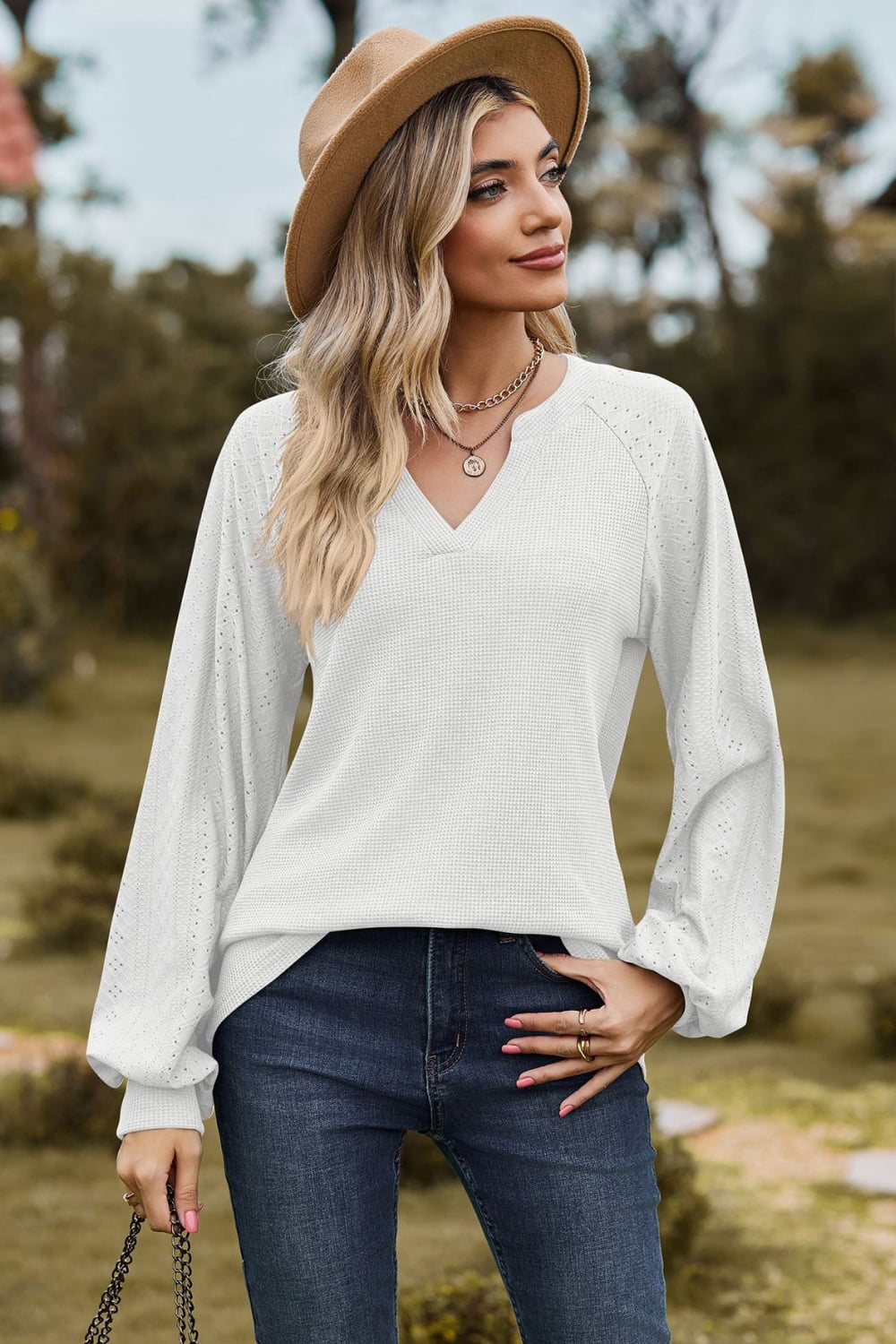 Notched Neck Raglan Sleeve Blouse - Mervyns